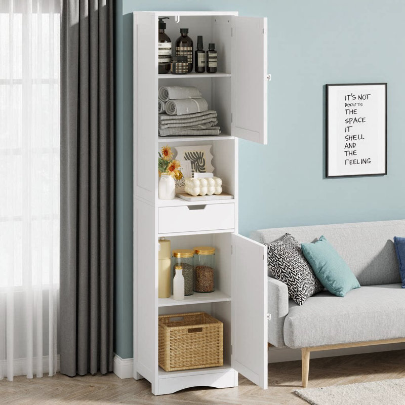 67" Narrow White Cabinet — Adjustable Heights & Compact Grace for Tight Spaces