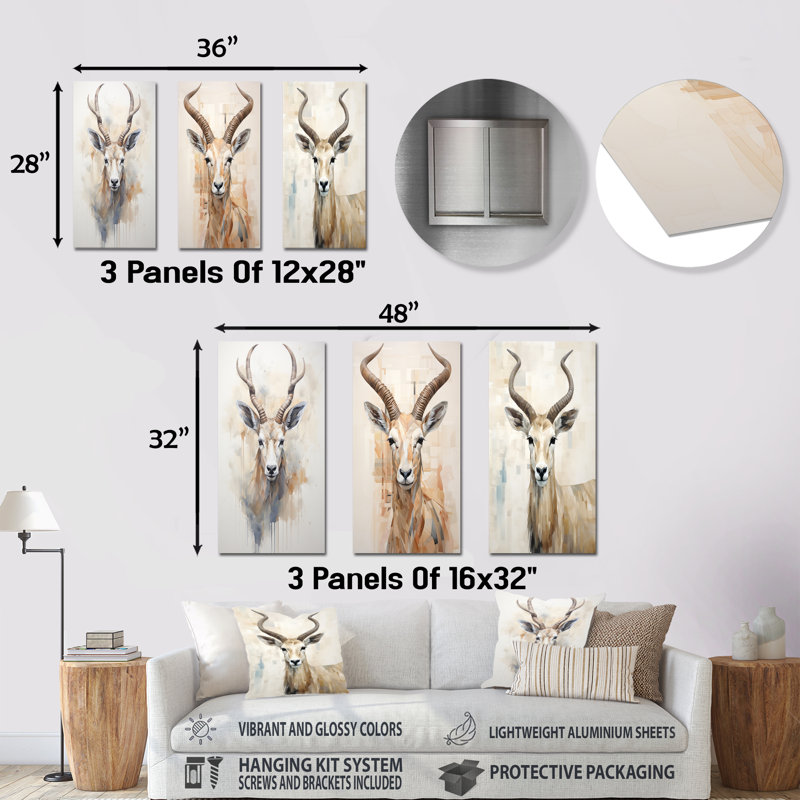Minimalisme beige antilope bouquetin - ensemble d'art mural en métal antilope de 3, H 28 po x l 36 po