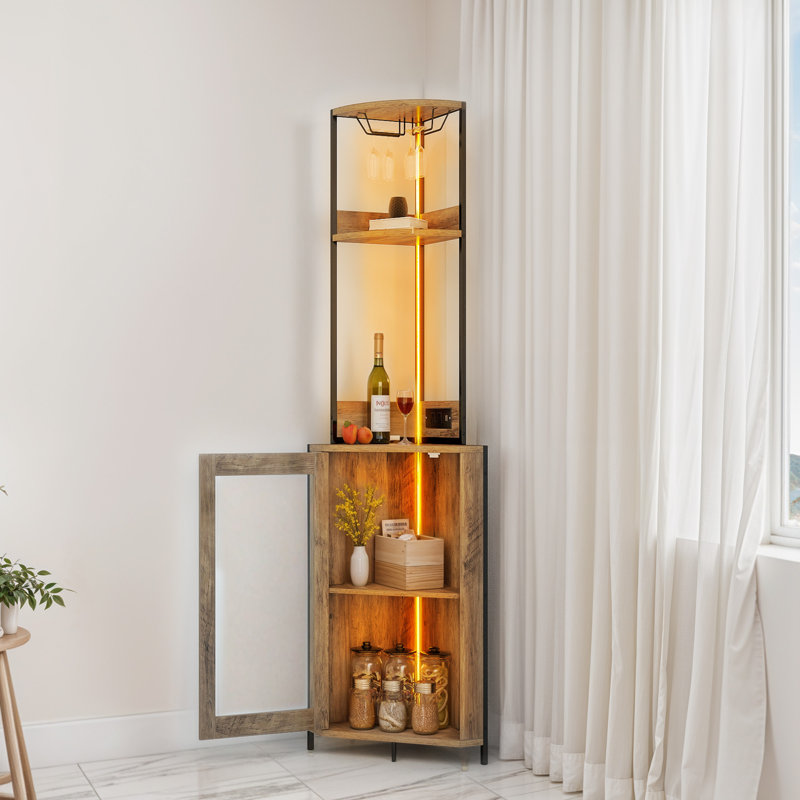 Corner Wine Cabinet with RGB LED Lights, USB Charging Ports & Adjustable Shelves, Gray