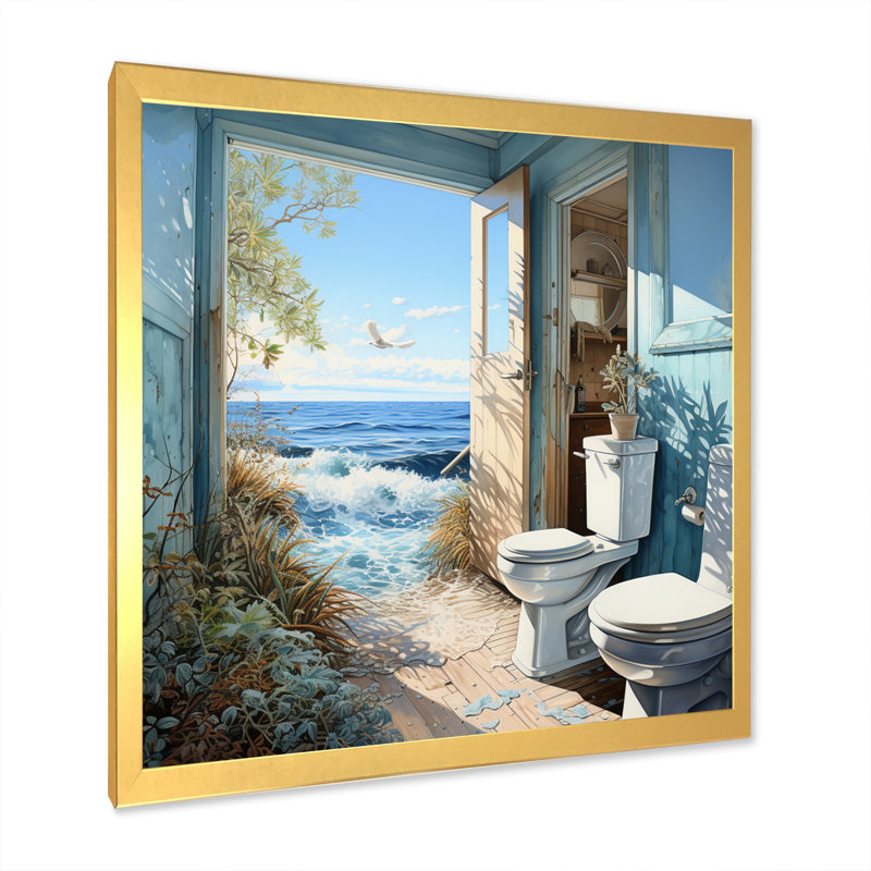 «Oceanic Escape Toilette Pointillism» - Imprimé, H 24 po x l 24 po x P 1 po, Encadrement doré