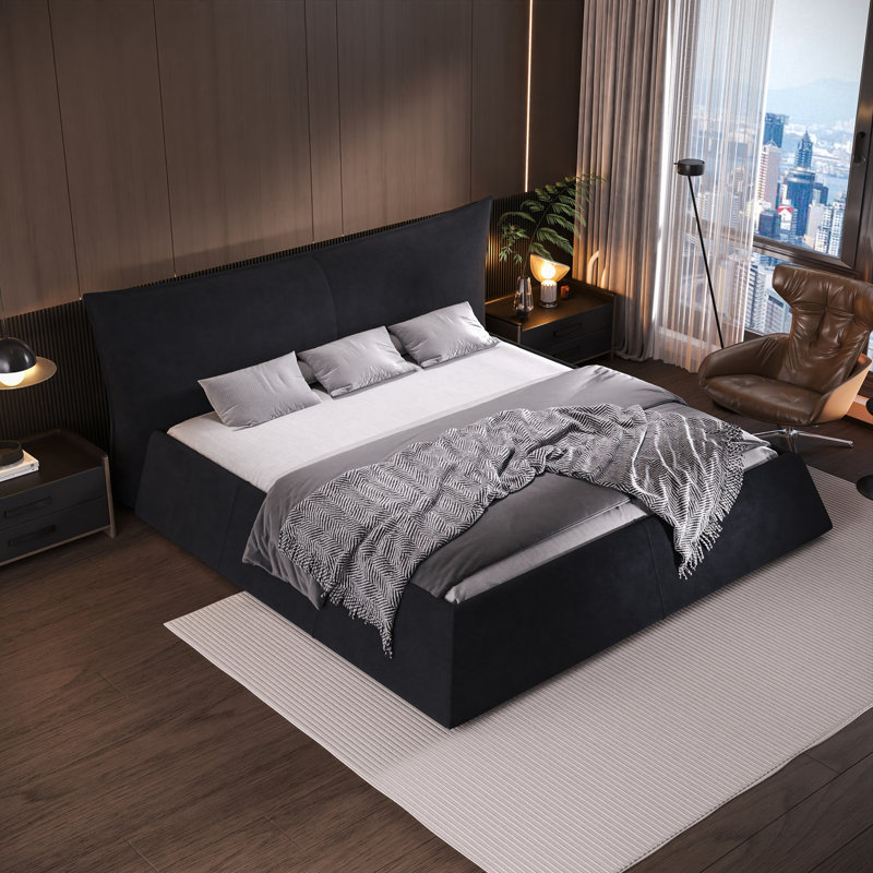 Lit plateforme tapissier en velours, Noir