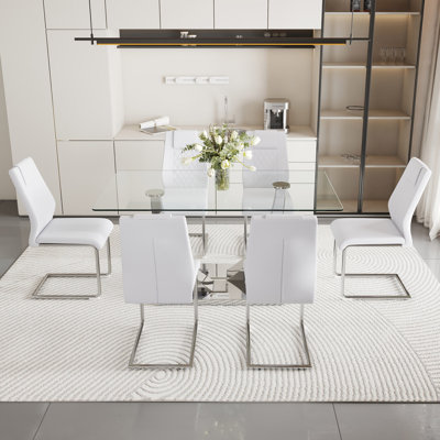 Table And Chair Set.Modern Dining Table,Tempered Glass Tabletop And Colored Leg.Paired With 6 Soft And Comfortable High-Quality PU Dining Chairs With Legs.