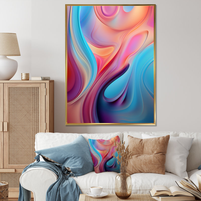 «Transitional Pink and Blue Shapes III», art mural abstrait sur toile, Cadre flottant doré, H 40 po x l 30 po x P 1,5 po