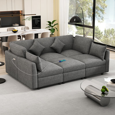 86.6" Sectional Sofa Modular Sofa U-Shaped Sofa Couch Sofa Bed L-Shaped Sofa With A Movable Ottoman And Two USB Ports For Living Room(Old SKU:N719S001680E), Grey