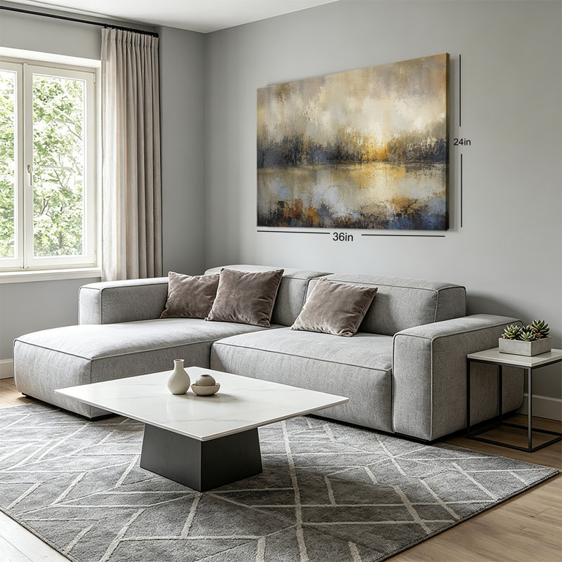 «Abstract Neutral Tone Lakeside Sunset», reproduction d'art sur toile tendue prête à être accrochée, 24 po x 36 po