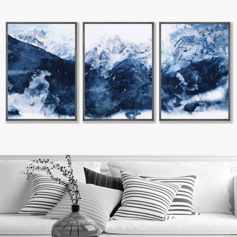 Mont Blanc In Blue - 3 Piece Single Picture Frame Print, Grey Closed Corner Frame Wood, 43cm H x 33cm W