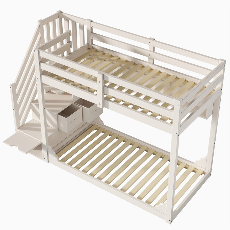 Solid Wood Bunk Bed Frame (90+90)x190 cm, Staircase Storage & 3 Open Shelves, Wraparound Safety Rail, EN 747-1: 2024 Tested, White (No Mattress)
