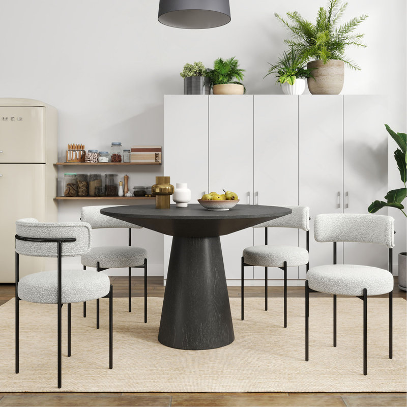 Ensemble de salle à manger rond 5 pièces, table de salle à manger à piédestal avec 4 fauteuils bouclés, Noir/gris