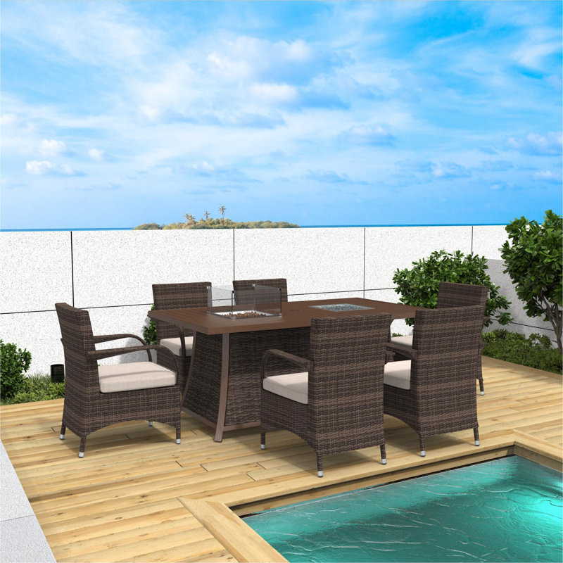 Cademon 6 - Person Wicker Patio Dining Set with Rectangular Table , Cushions Included, Brown