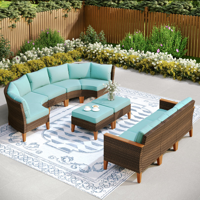 Argyri 8 Piece Wicker Outdoor Patio Furniture Set, Stylish Rattan Sectional Patio Set with Cushions, Blue