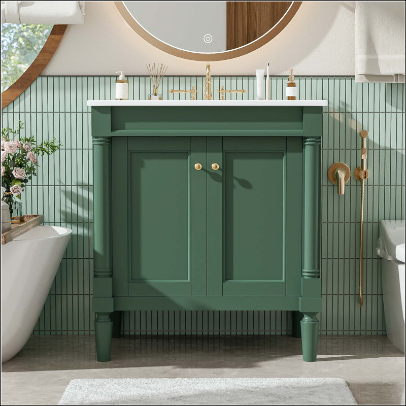 Meuble-lavabo de 30 po avec élégance française et tablette réglable, Green/Gold