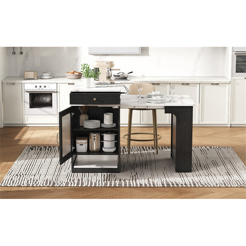 Îlot de cuisine 59,5 po avec table de salle à manger extensible, Black