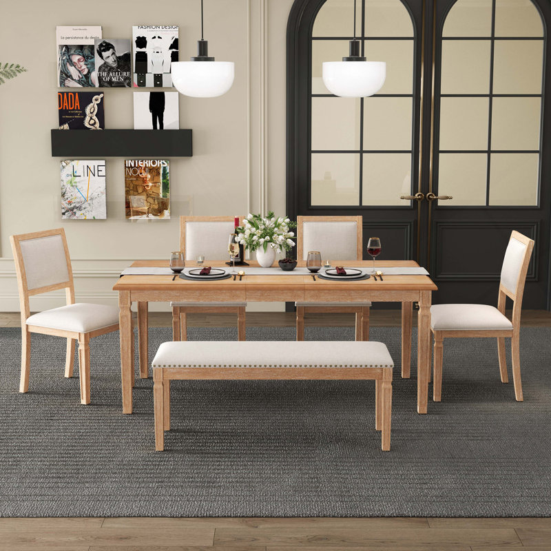 Ensemble de table de salle à manger vintage extensible pour 6 avec 4 chaises et banc, ensemble de table de cuisine rustique de 59 à 72 pouces avec finition patinée et pieds rétro sculptés