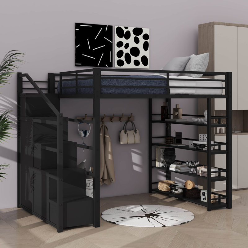 Lit mezzanine double en métal, équipé de supports de rangement, d'armoires et d'une armoire
