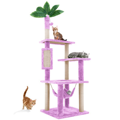 Grand arbre à chat de 55 po pour chats d'intérieur avec poteau à griffer en sisal à feuilles vertes hamac, meubles de jeu en peluche pour chatons et chats adultes