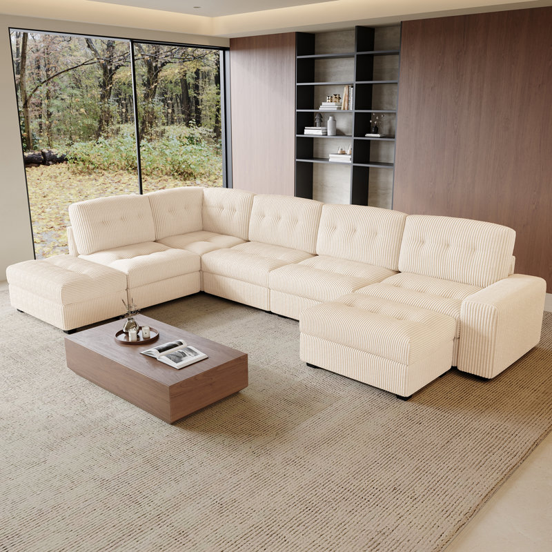 Canapé modulaire en U Corduroy, Velours côtelé beige