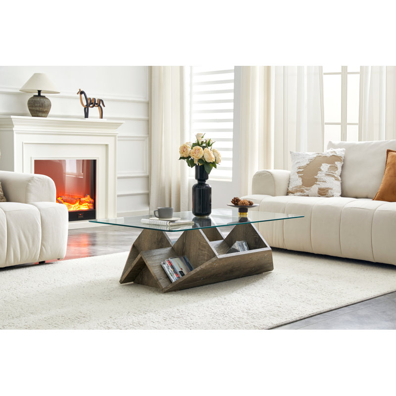 Table basse moderne 43,5 "avec plateau en verre avec base en bois pour salon, appartement, bureau, gris, Gris