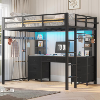 Loft Bed With Desk And Charging Station, Metal Loft Bed With 8 Drawers Storage And Led Lights, 4 Open Storage Shelves,