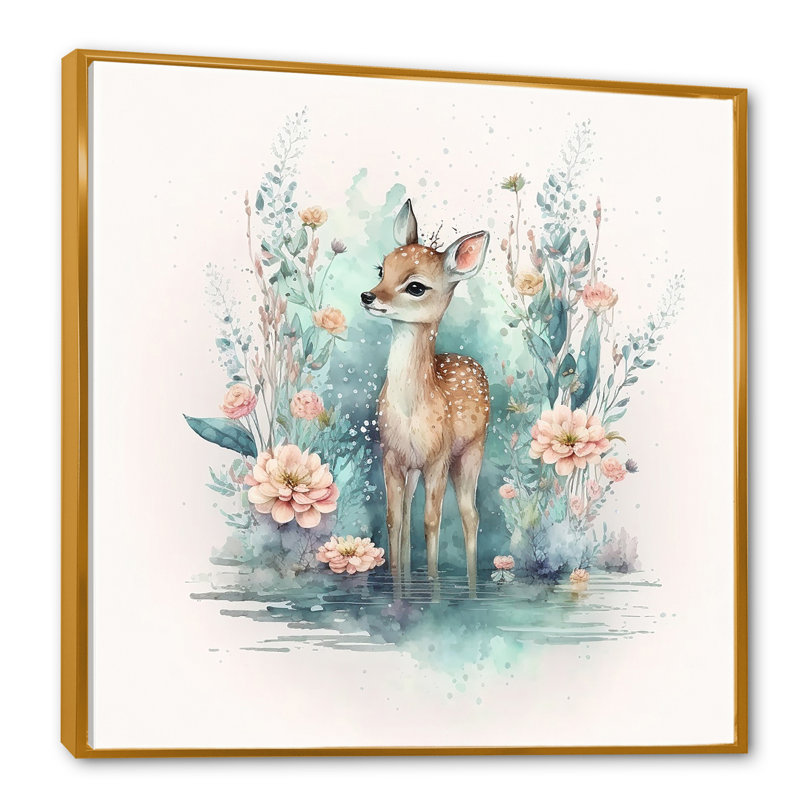 Mignon petit cerf avec fleurs roses - reproduction sur toile, L 16 po x H 16 po, Toile avec cadre flottant or