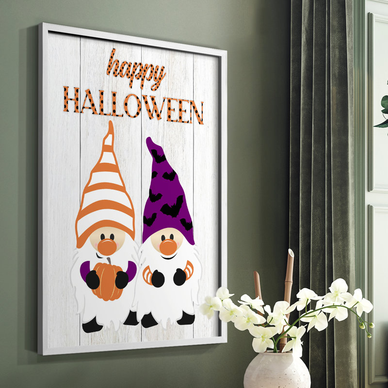 Reproduction encadrée d'Halloween gnomes - bois massif, Blanc, H 28 po x l 22 po
