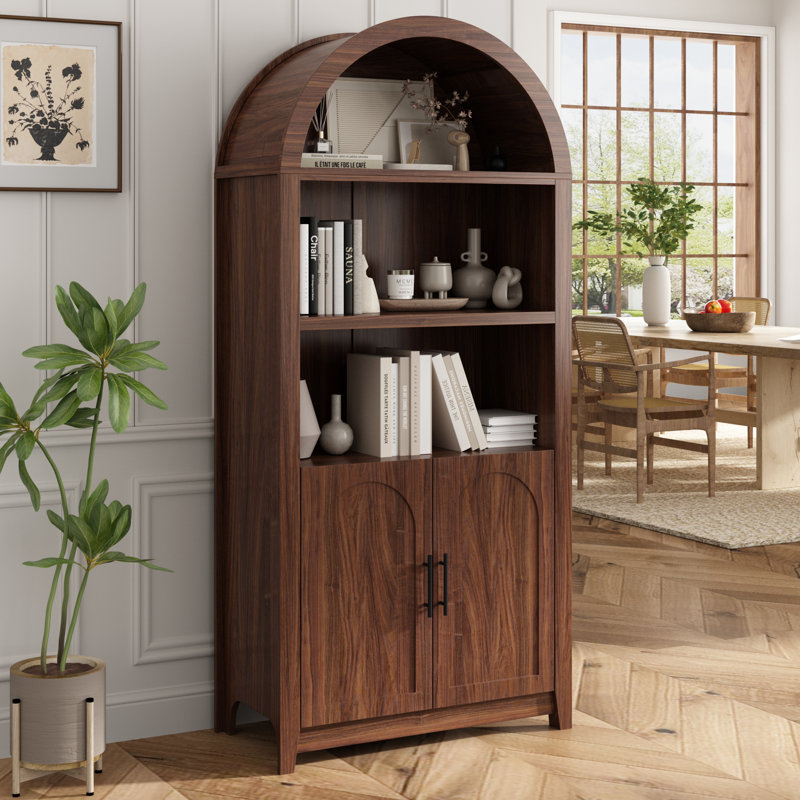 Kalaen 69" Arched Display Wood Cabinet Adjustable Shelves, Brown
