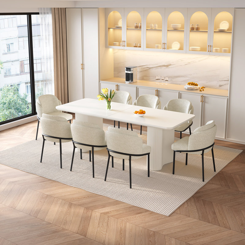 Ensemble de table de salle à manger 78,97 "moderne blanc crème rectangulaire avec 8 chaises pour la cuisine, le bar et le salon