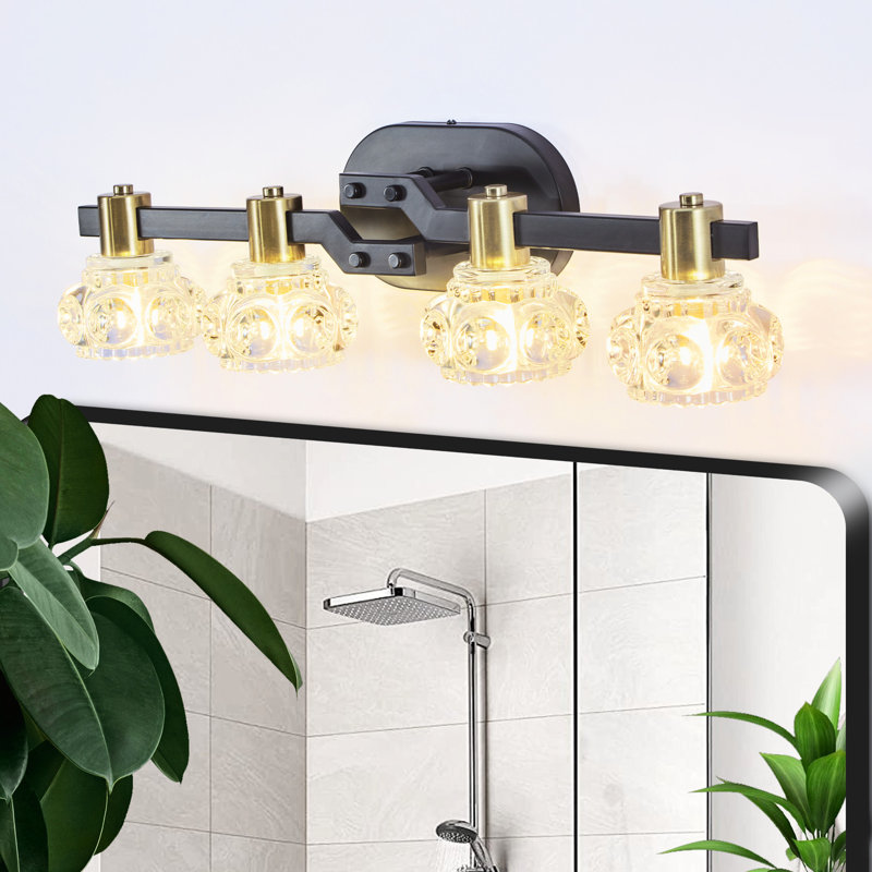 4 - Applique murale en cristal, fer noir, éclairage rétro pour la salle de bain et le couloir, écoénergétique, facile à installer, 4 lumières de style rétro, abat-jour en cristal, mat + doré, comptoir de meuble-lavabo, économie, installation