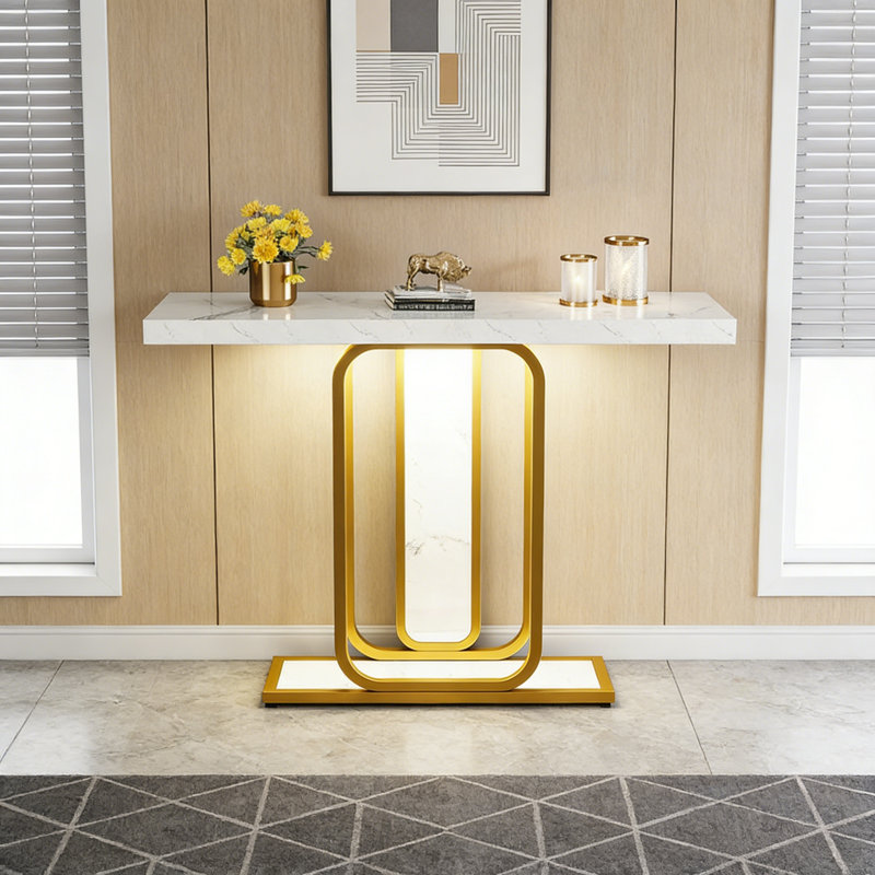 41" Modern Console Table, Faux Marble Sofa Table With Gold Frame & LED Lights