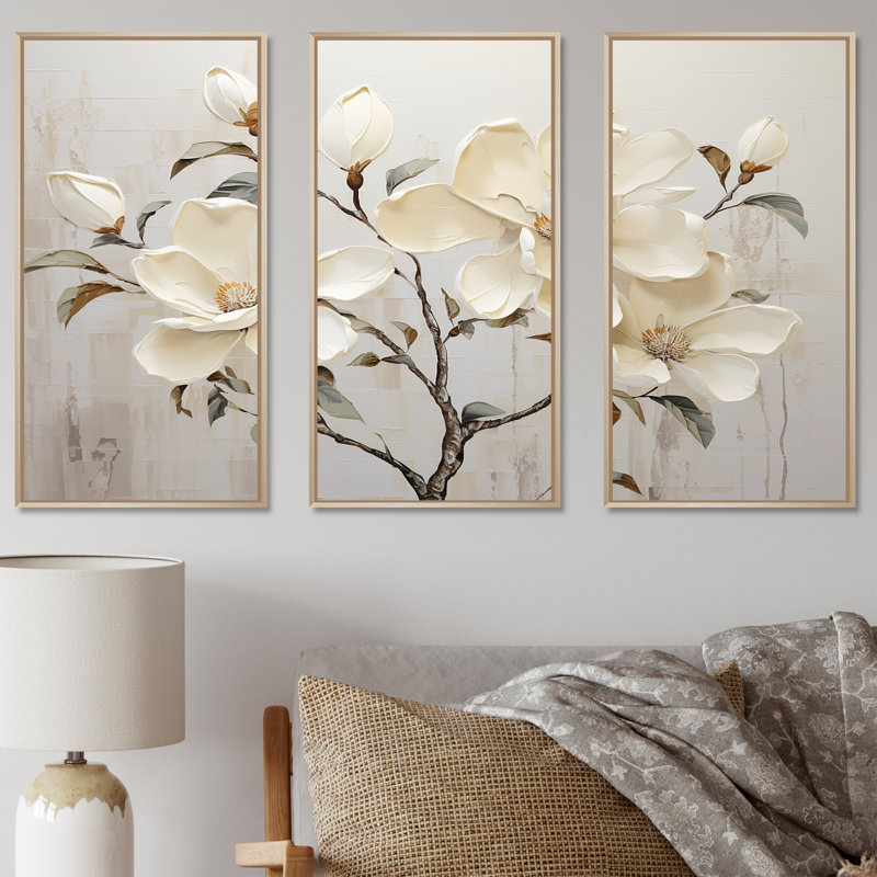 «Magnolias beige et vert», ensemble d'art mural sur toile Magnolias, H 40 po x l 60 po x P 1 po, Cadre flottant érable