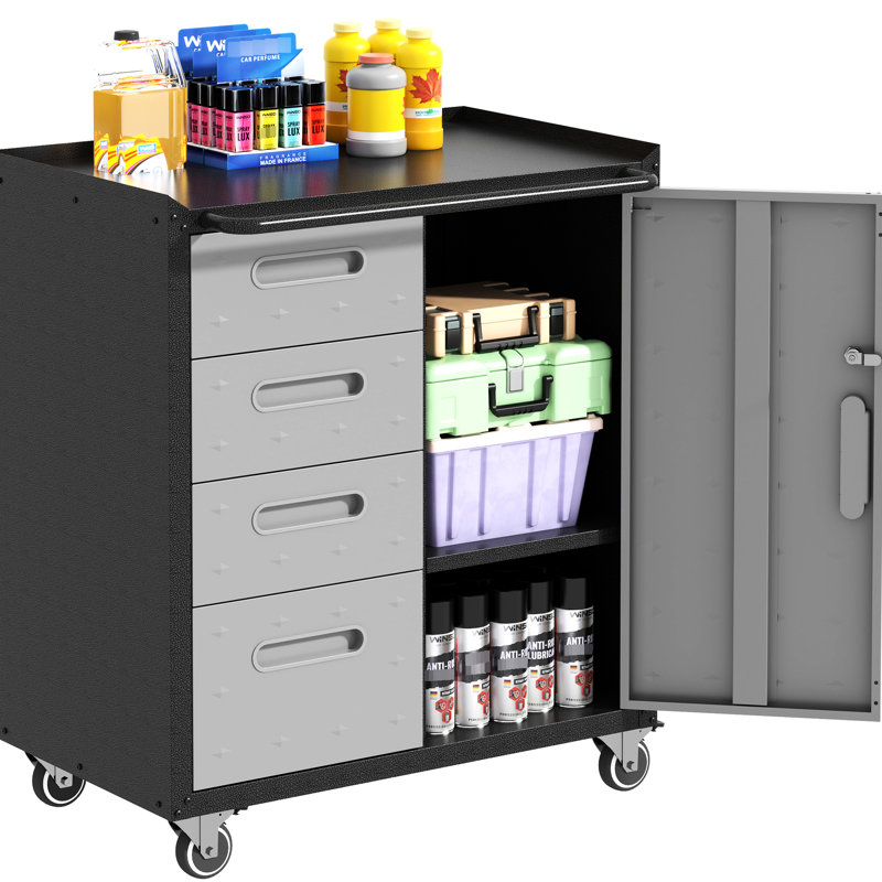 Armoire en métal avec roulettes pour le garage, le bureau et la maison. Plateau surélevé, 4 tiroirs, rangement verrouillable. Solide. Outil de rangement noir / gris. 360 roues, dessus. Tablettes latérales réglables.