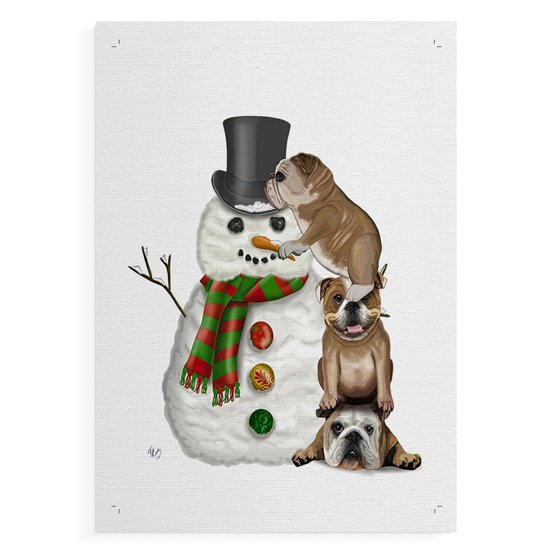 Bonhomme de neige de Noël, bouledogue anglais - impression sur toile seulement - non encadrée, H 18 po x l 12 po