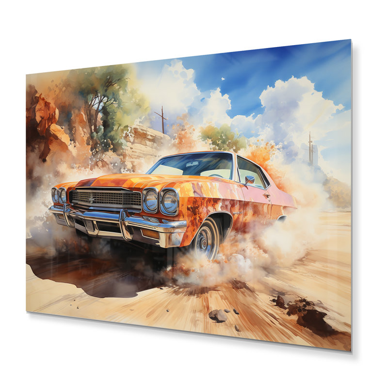 Orange Muscle Car on Offroad - Muscle Car, art mural en métal, H 24 po x l 32 po x P 1 po