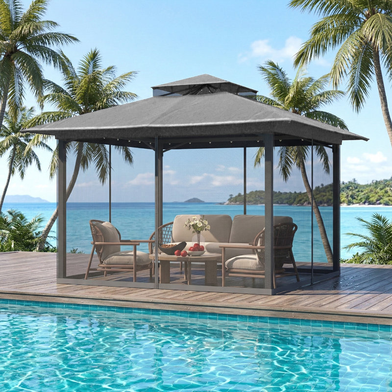 11X11 Gazebo, Outdoor Patio Gazebo With Mosquito Netting, Double Roof Metal Gazebo, Canopy For Backyard Covered Patio, Heavy Duty Gazebo Outdoor For Garden Deck Lawn, Gray
