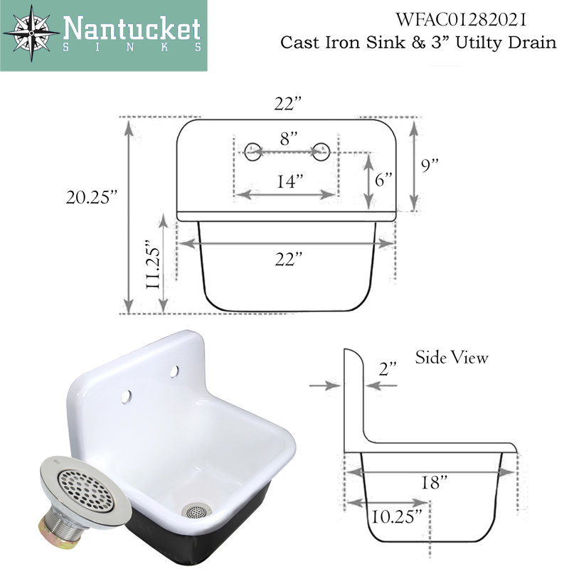 22" L X 18" W Wall Mount Service Sink with drain, Chrome Drain