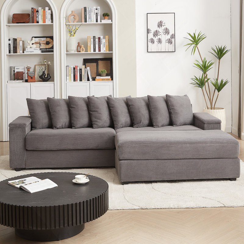 Très grand canapé en forme de L avec méridienne, canapé modulaire en L en velours côtelé confortable avec 8 coussins et deux espaces de rangement pour les accoudoirs, canapé-lit rembourré moelleux pour la chambre à coucher du salon
