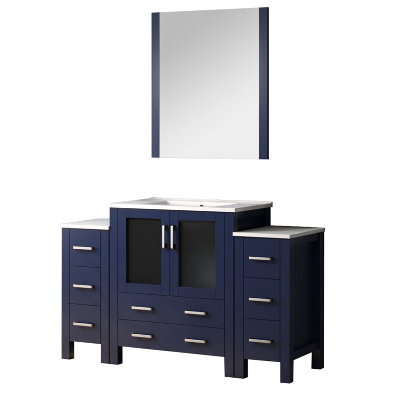 Bleu marine 54 po Le meuble-lavabo W est livré avec des armoires latérales, un miroir de 28 po, une fonction de fermeture en douceur, un comptoir en céramique, 8 tiroirs, une conception large et fermée à teinture et à surface blanche, une grande surface de rangement dans les armoires
