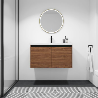 Ensemble de meuble-lavabo noir de 36 po Kyvan - Lavabo de comptoir en résine, armoire 2 portes - Entièrement assemblé