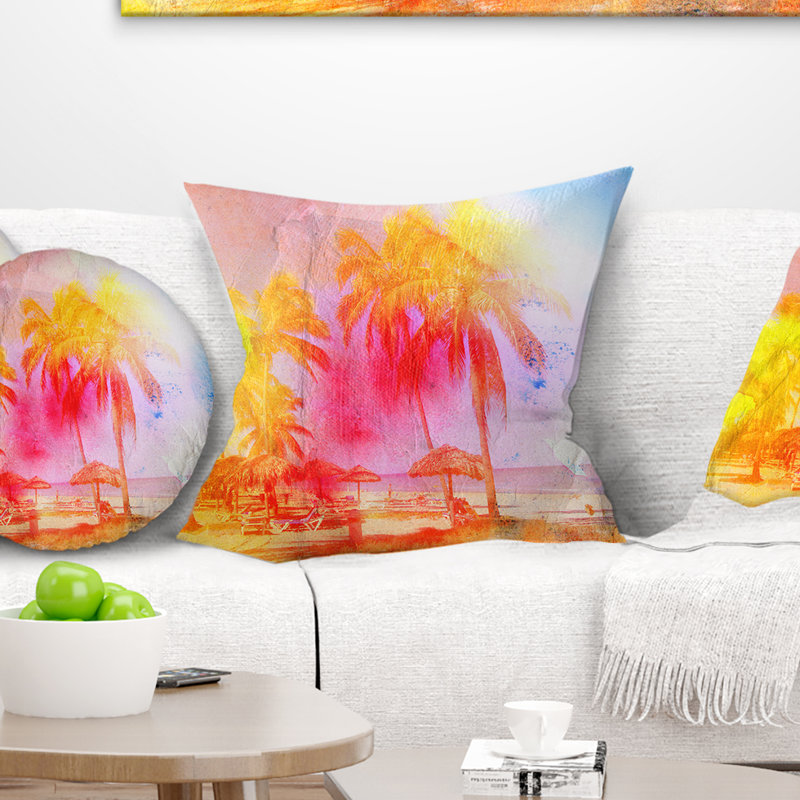 Coussin à imprimé aquarelle rétro - palmiers jaunes, 18 po x 18 po, Oreiller européen