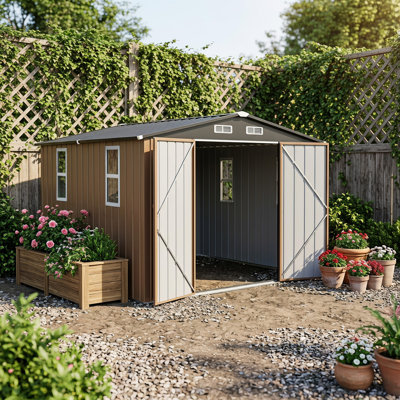 10 x 10 FT Outdoor Storage Shed with Window, Galvanized Steel Storage Shed, Double Lockable Doors, Gable Roof & Air Vent