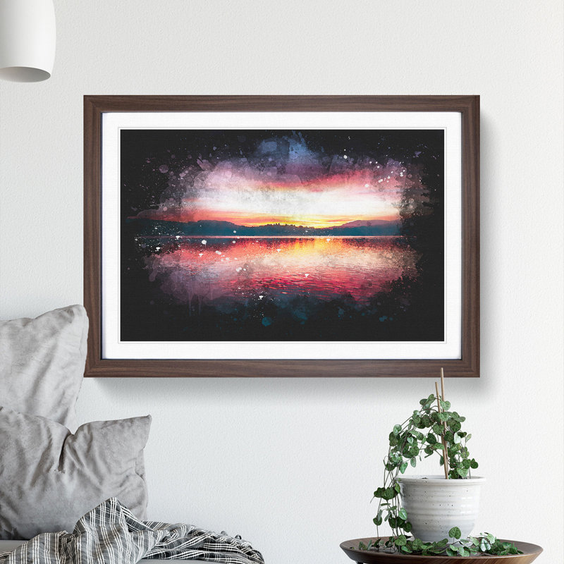Sunset Over Lake Windermere - Single Picture Frame Print on MDF, 62cm H x 87cm W x 2cm D, Walnut Framed