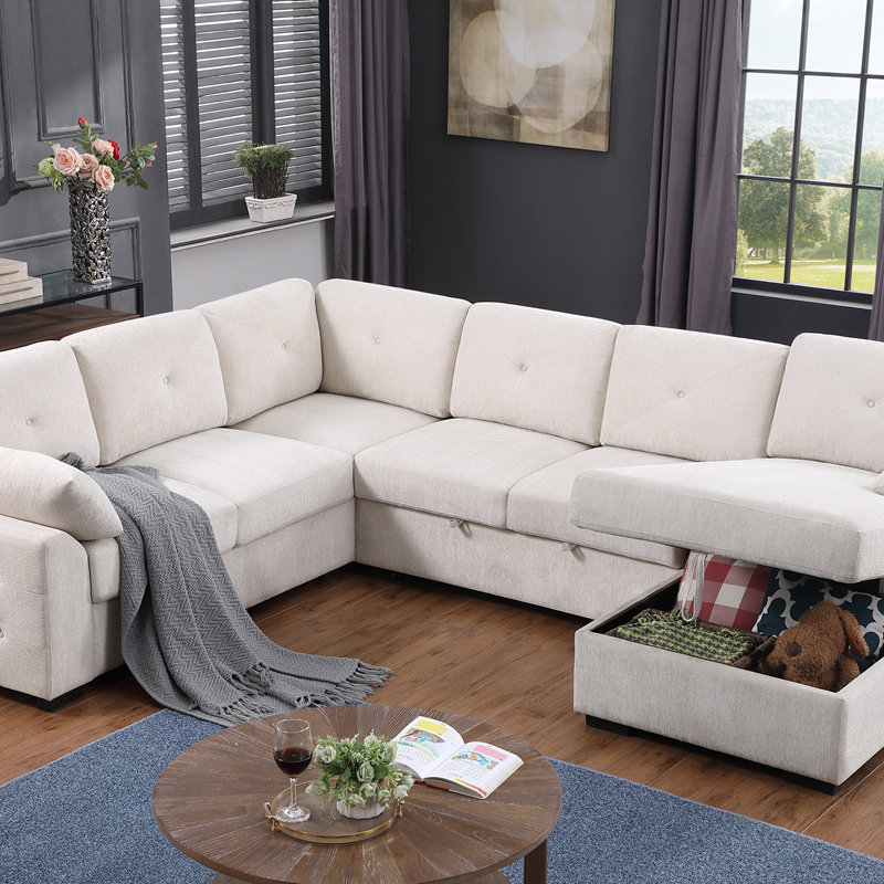 Upholstered Corner Sectional With Pull Out Loveseat And Storaged Chaise, Beige
