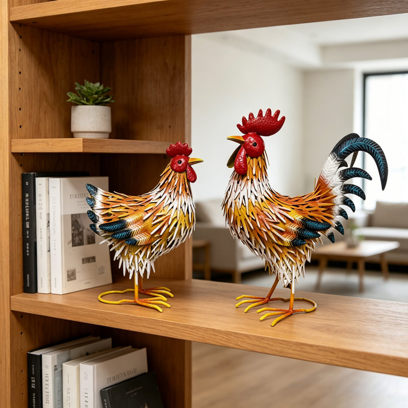 Statues de jardin en métal coq et poule, décor de jardin en fer fabriqué à la main (ensemble de 2), Yellow