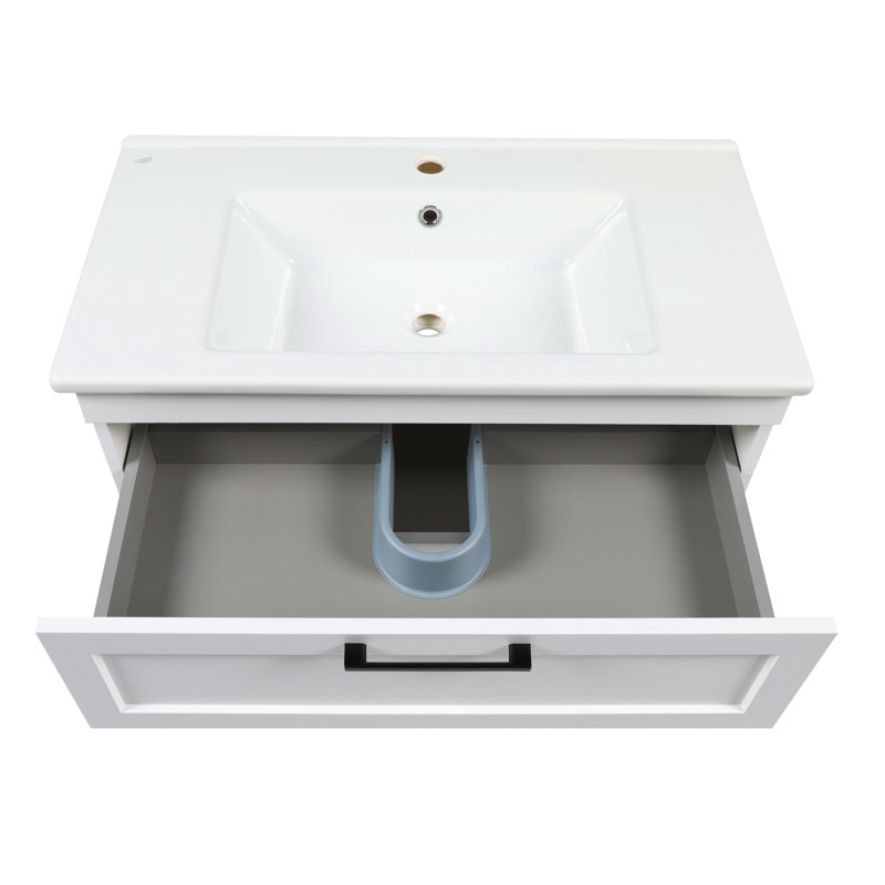 Meuble-lavabo mural moderne avec lavabo | Collection Palm Beach blanc ultrabrillant | Panneau de fibres à densité moyenne non toxique et ignifuge 34 po, collection Omega 32 po