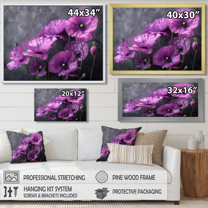 Impression sur toile mauve, gris et fragiles - Poppies, Toile avec cadre flottant noir, H 34 po x l 44 po x P 1,5 po