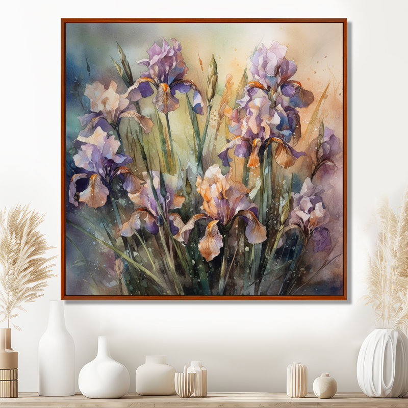 Art mural mauve vert sauvage Iri S II - Iris, H 36 po x l 36 po x P 1,5 po, Cadre flottant brun