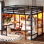 Lit mezzanine double avec tablettes de rangement et bureau, lit mezzanine en métal avec ports USB, lumières et tringle de suspension