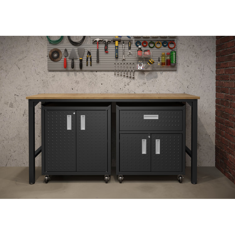 Sibley 72.4" W Workbench with Butcher Block Top and 2 Mobile Storage Cabinets