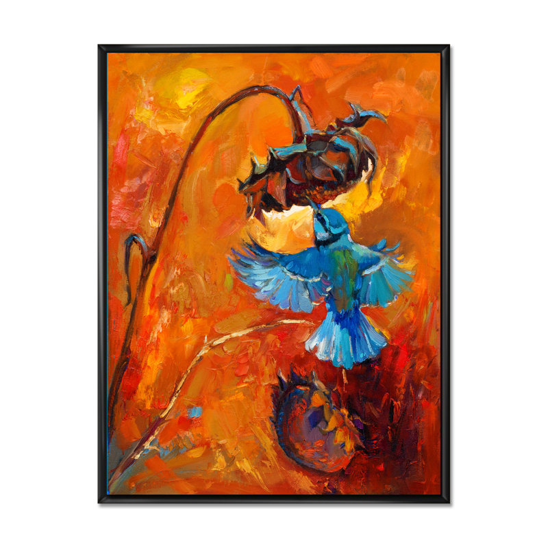 Colibri bleu sur fond orange - peinture sur toile, Cadre flottant noir, H 32 po x l 24 po x P 1 po