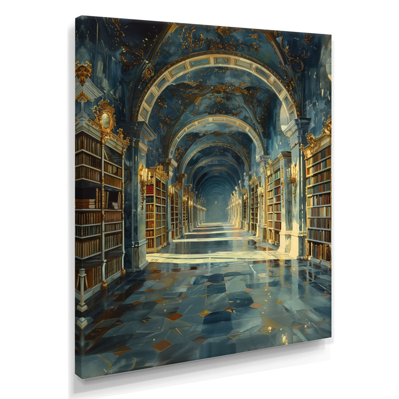 Bibliothèque historique dorée bleue - Bibliothèque, art mural, Toile tendue, 30" H x 40" W