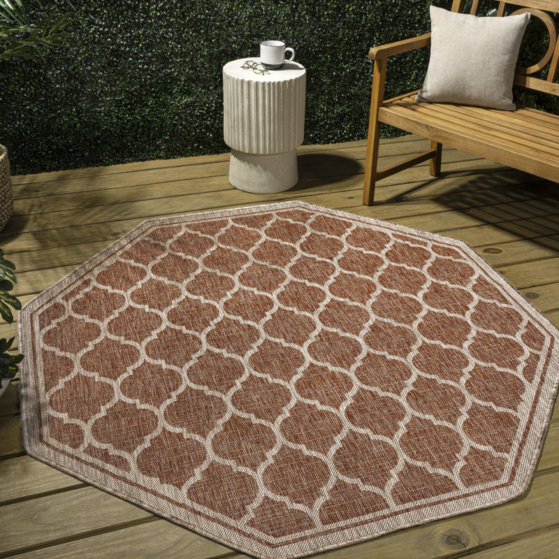 Hague Moroccan Trellis Textured Weave Red/Beige Indoor/Outdoor Rug, Octagon 5'3"
